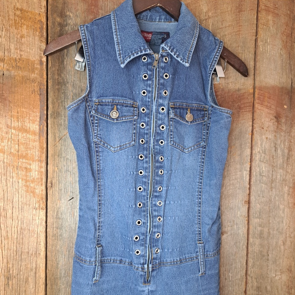 Y2K 2000s Mcbling Western Chic Younique LA Sleeveless Denim Jumpsuit Women's S